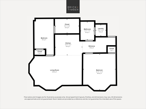 Floor plan for 2 beds, 1 bath, 844 sqft